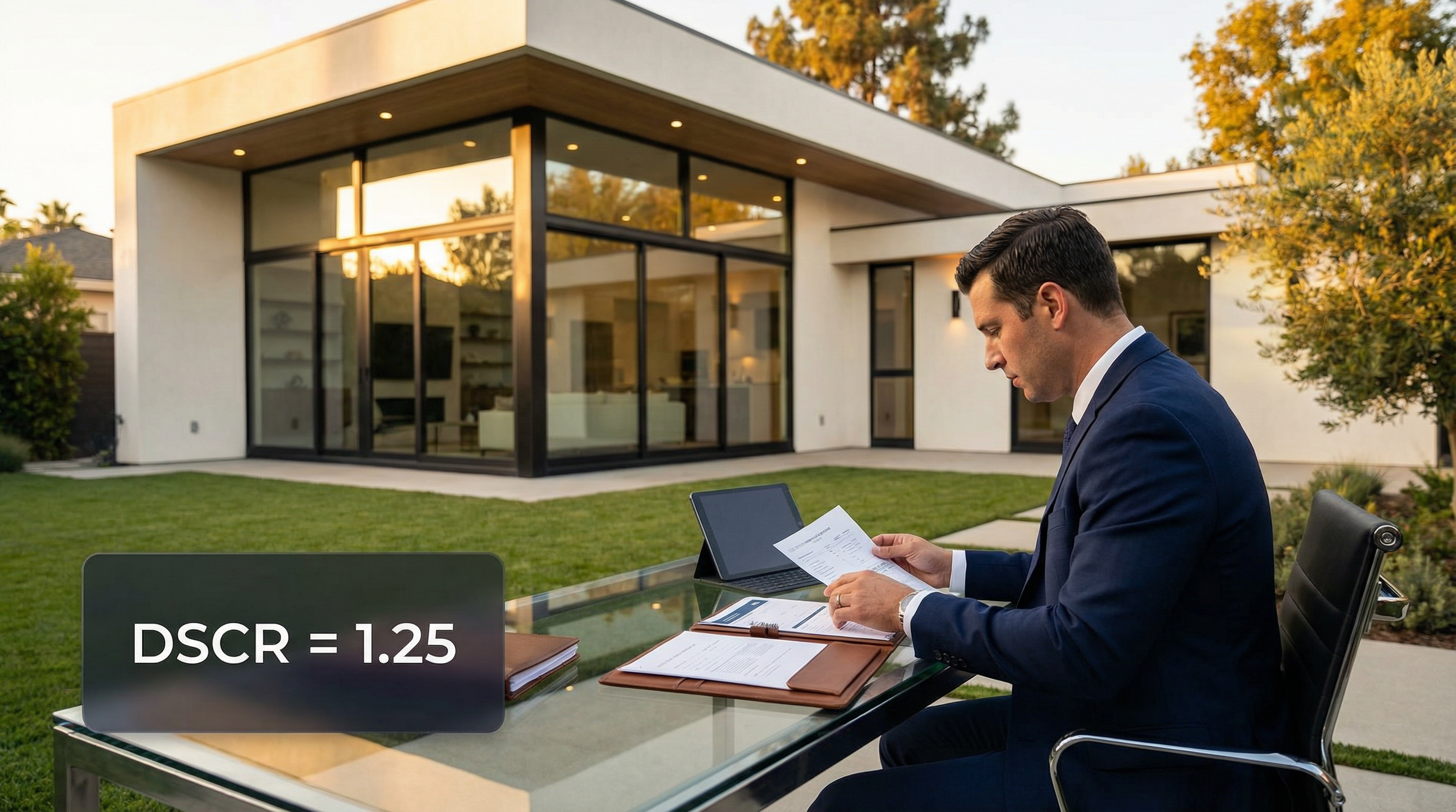 Investor reviewing DSCR loan documents outside a modern rental property